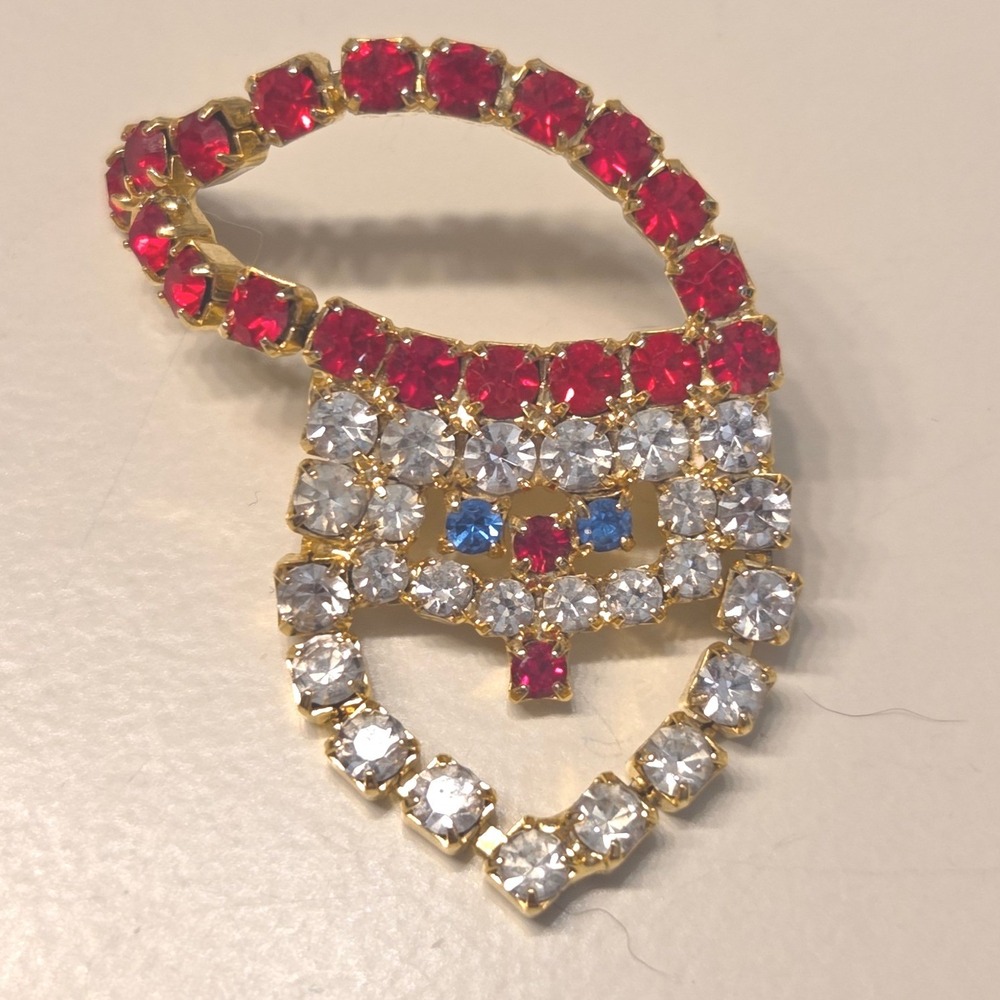 Vintage Rhinestone Santa Face Brooch Pin Festive Christmas Holiday Gold Tone